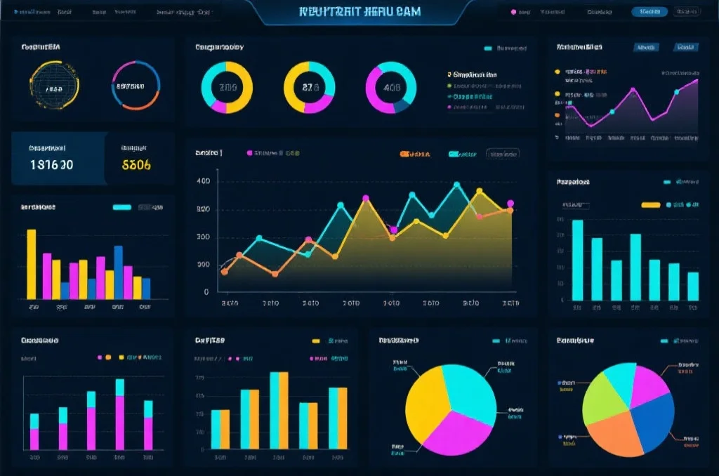 一张复杂的数据仪表板，展示了多种图表和图形，包括折线图、柱状图和饼图，色彩鲜明，易于理解