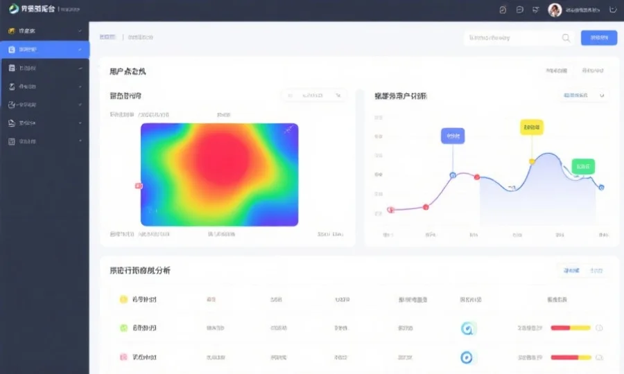 网站后台展示用户点击热图和行为路径分析的界面截图，色彩分明，信息一目了然